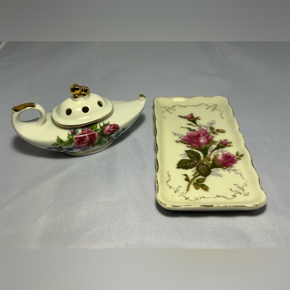 Vintage Porcelain Royal Rose Floral Incense Burner with Cigarette Tray Set